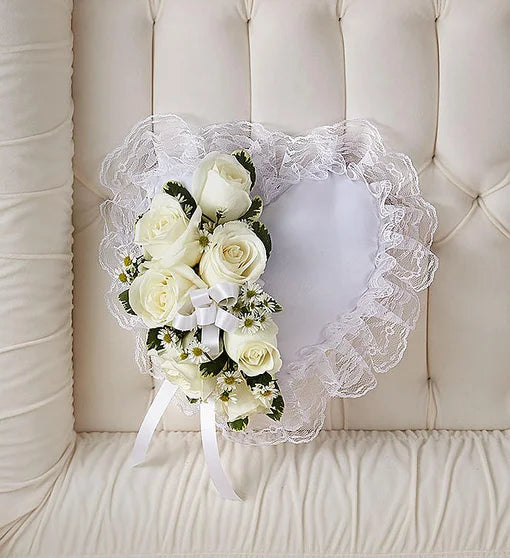 Sympathy heart shaped Pillow white roses - P403