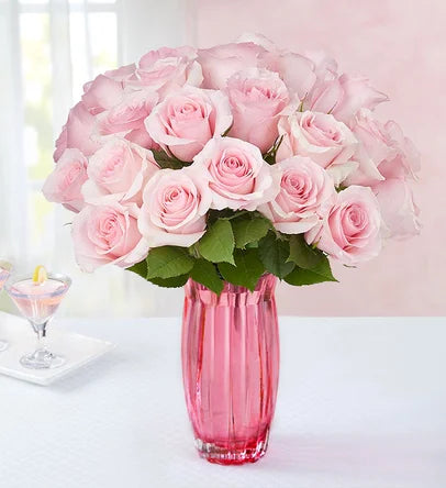 24 Long Stem Pink Roses in a Vase